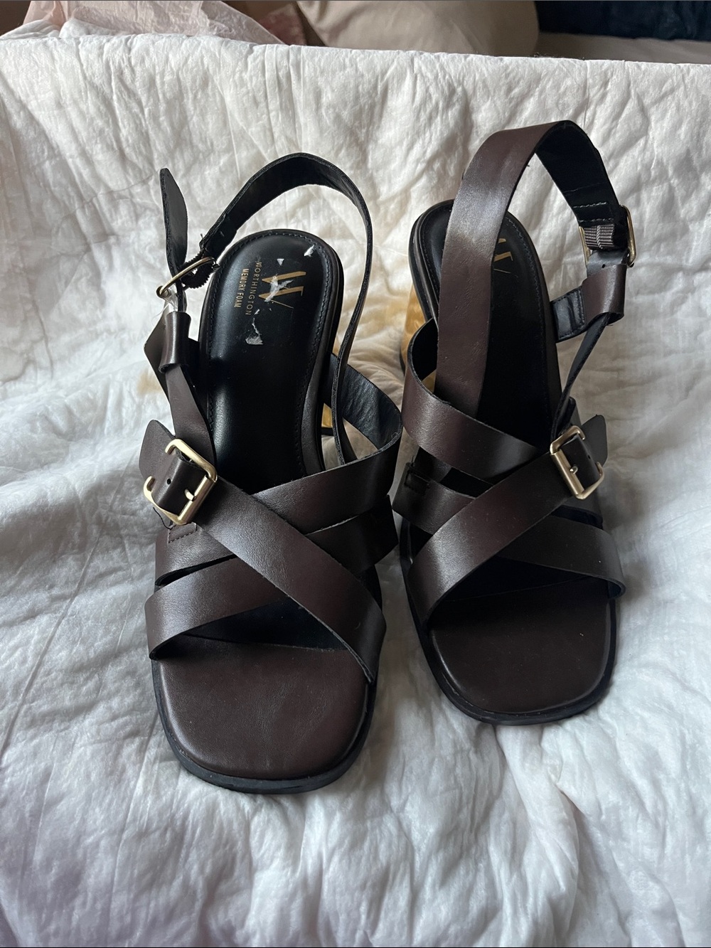 White House Black Market Dark Brown Leather Strappy Slingback Heels
